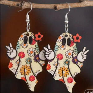 Halloween Ghost Flower Print Dangle Earrings Wooden